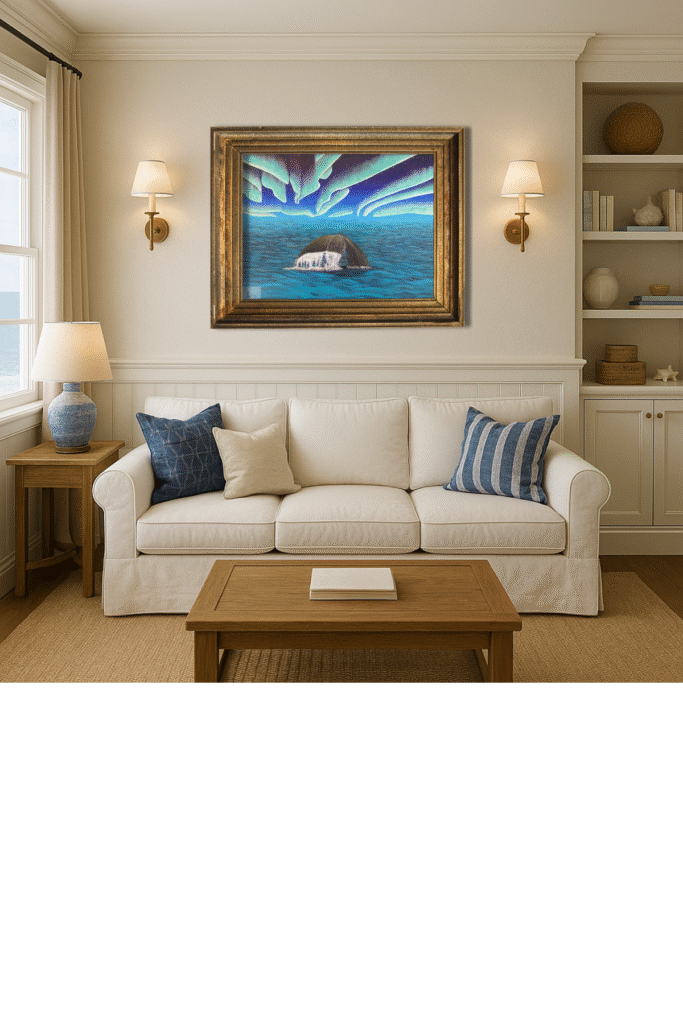 Whale diving beneath glowing northern lights over Arctic ocean painting by Jenn Campbell