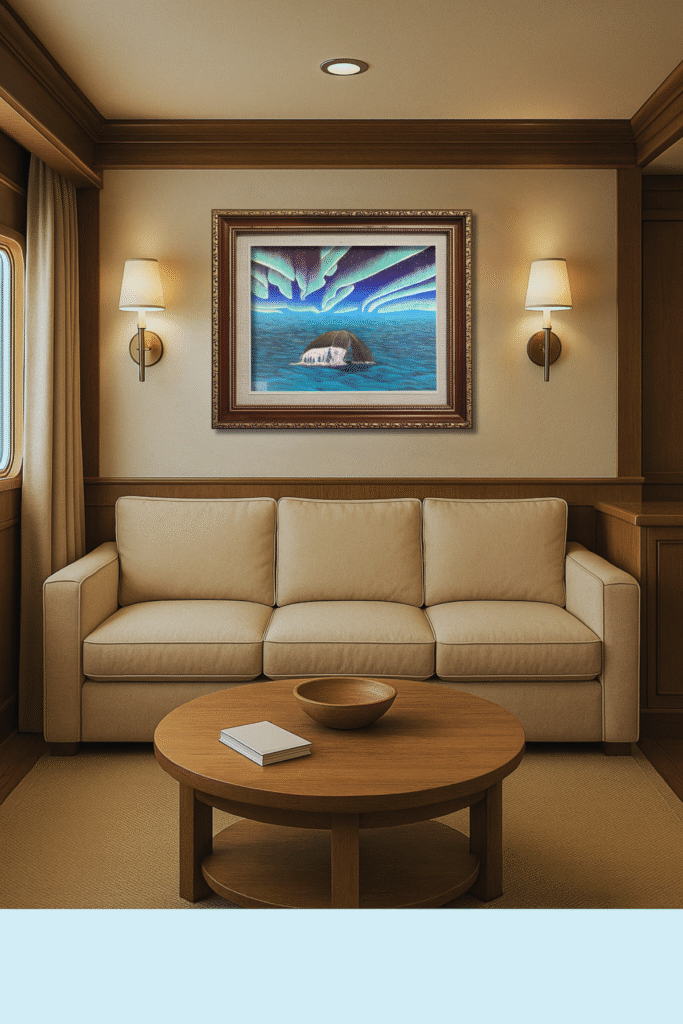 Whale diving beneath glowing northern lights over Arctic ocean painting by Jenn Campbell