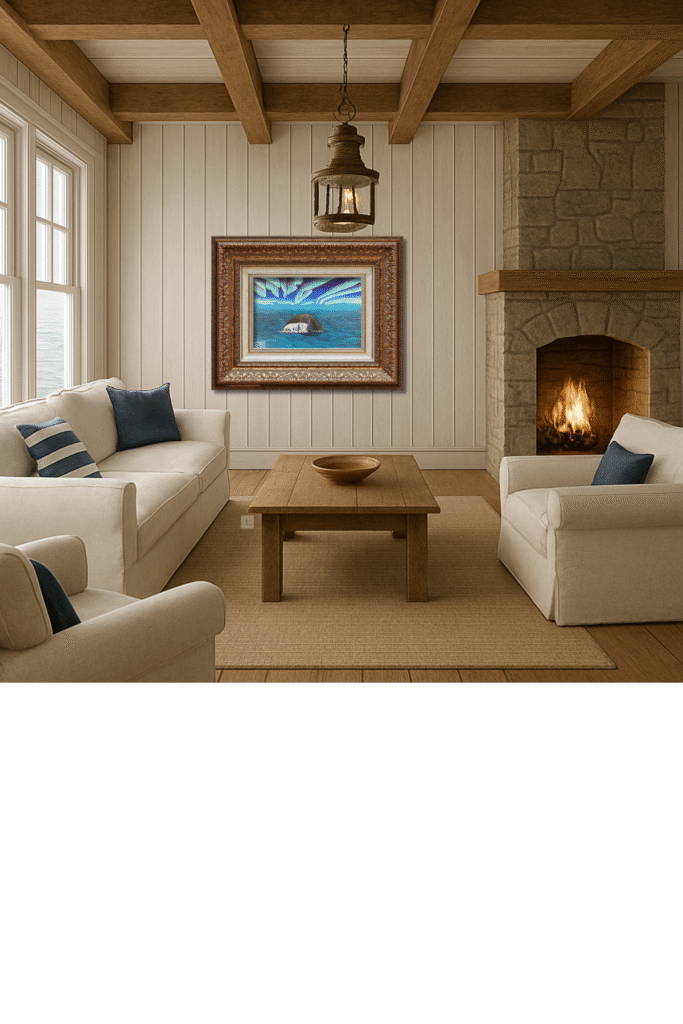 Whale diving beneath glowing northern lights over Arctic ocean painting by Jenn Campbell