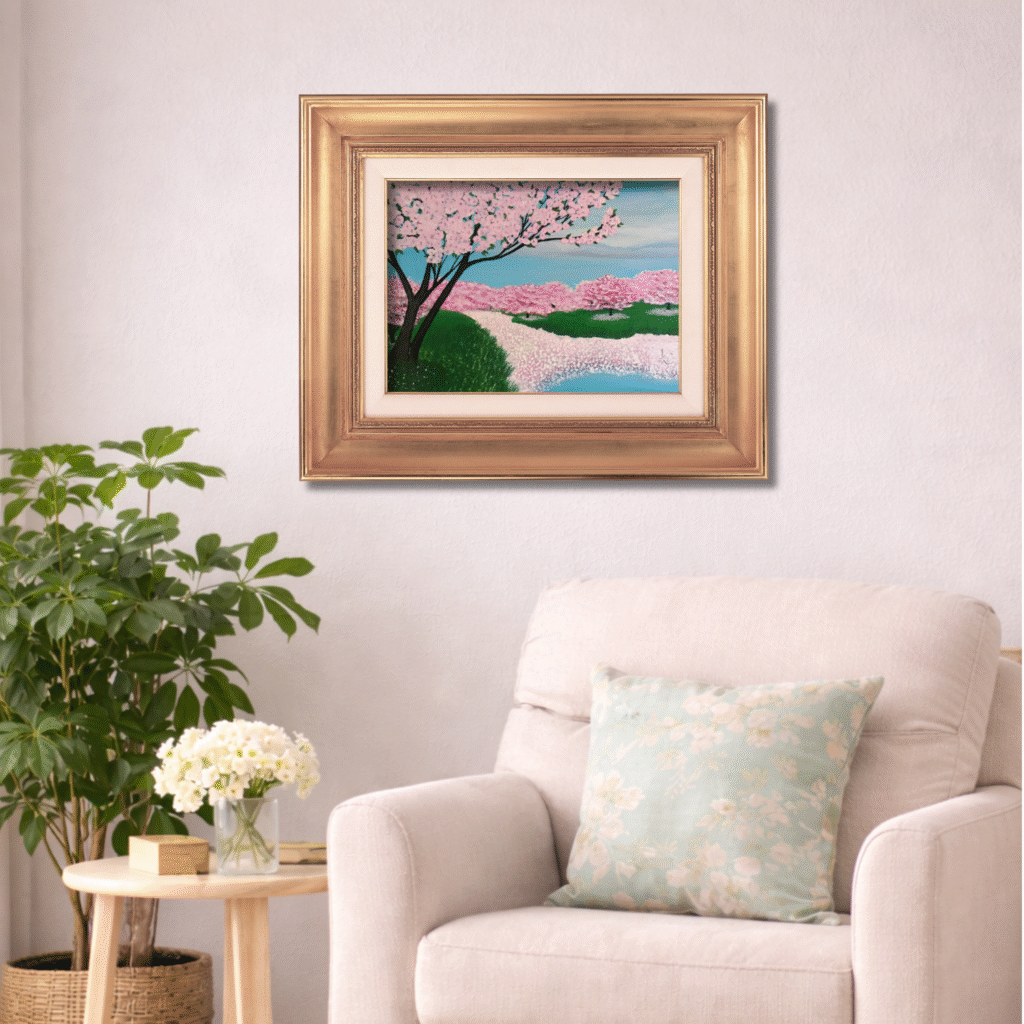 Original cherry blossom landscape painting with pink blossom trees and petals drifting into a canal, spring nature artwork by Jenn Campbell