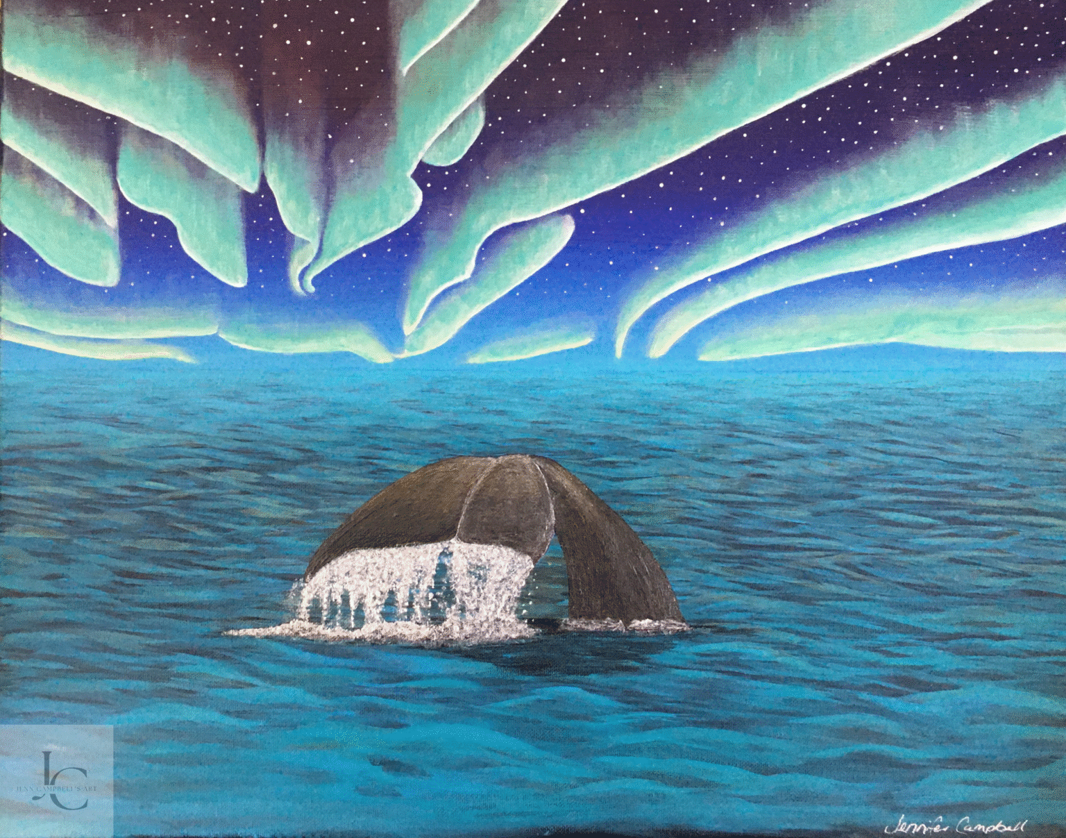 Whale diving beneath glowing northern lights over Arctic ocean painting by Jenn Campbell