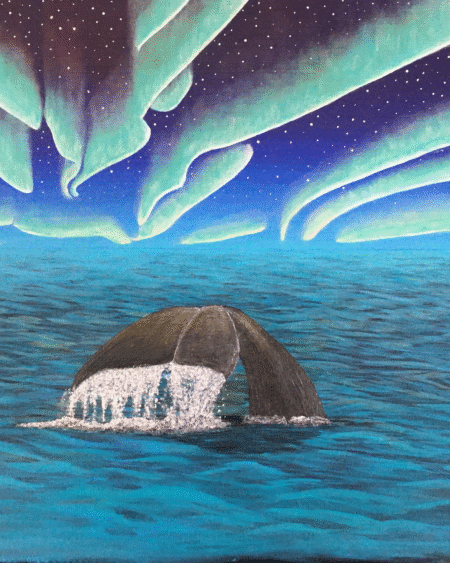 Whale diving beneath glowing northern lights over Arctic ocean painting by Jenn Campbell