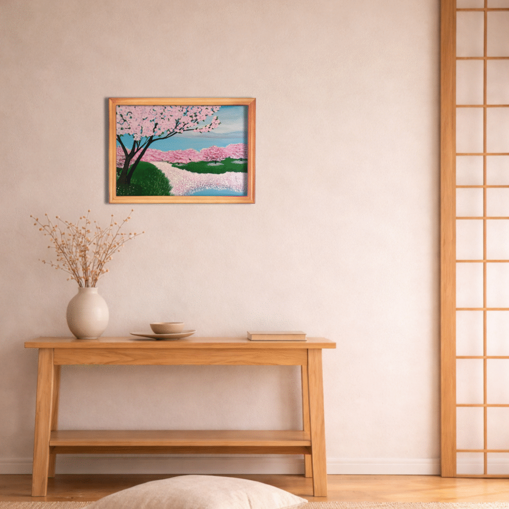 Original cherry blossom landscape painting with pink blossom trees and petals drifting into a canal, spring nature artwork by Jenn Campbell