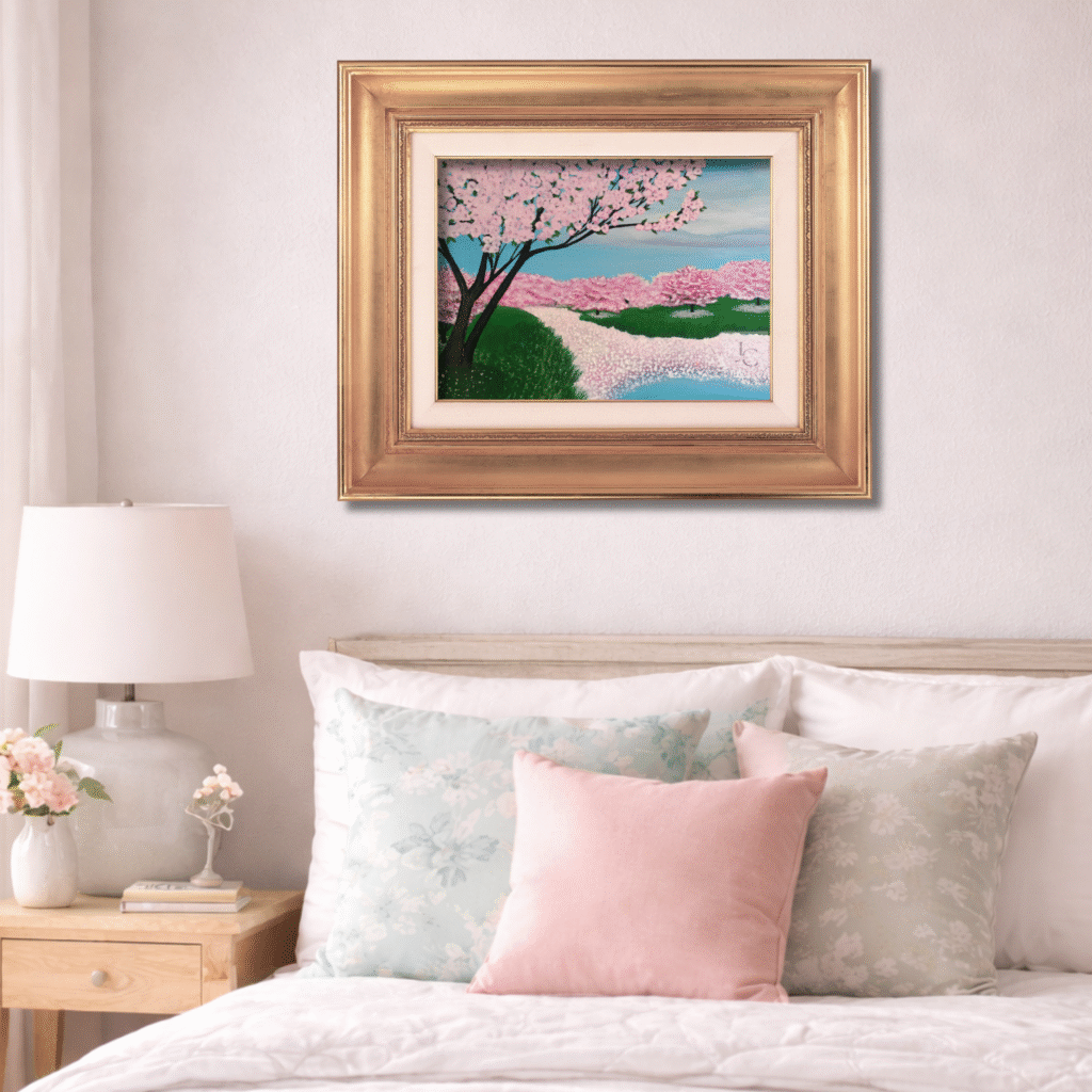 Original cherry blossom landscape painting with pink blossom trees and petals drifting into a canal, spring nature artwork by Jenn Campbell