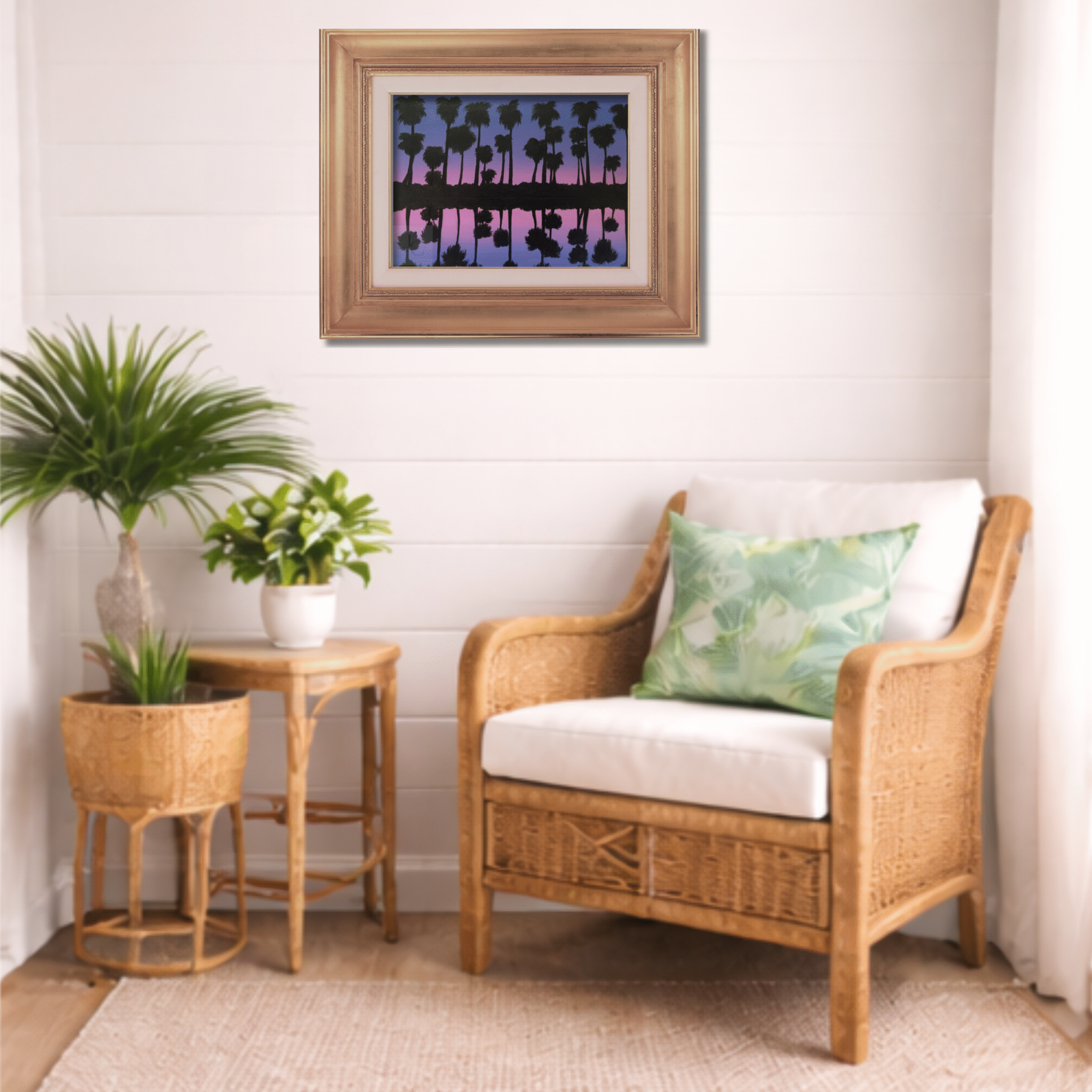 palm tree sunset painting with tropical palm silhouettes reflected in calm water under a purple and pink twilight sky