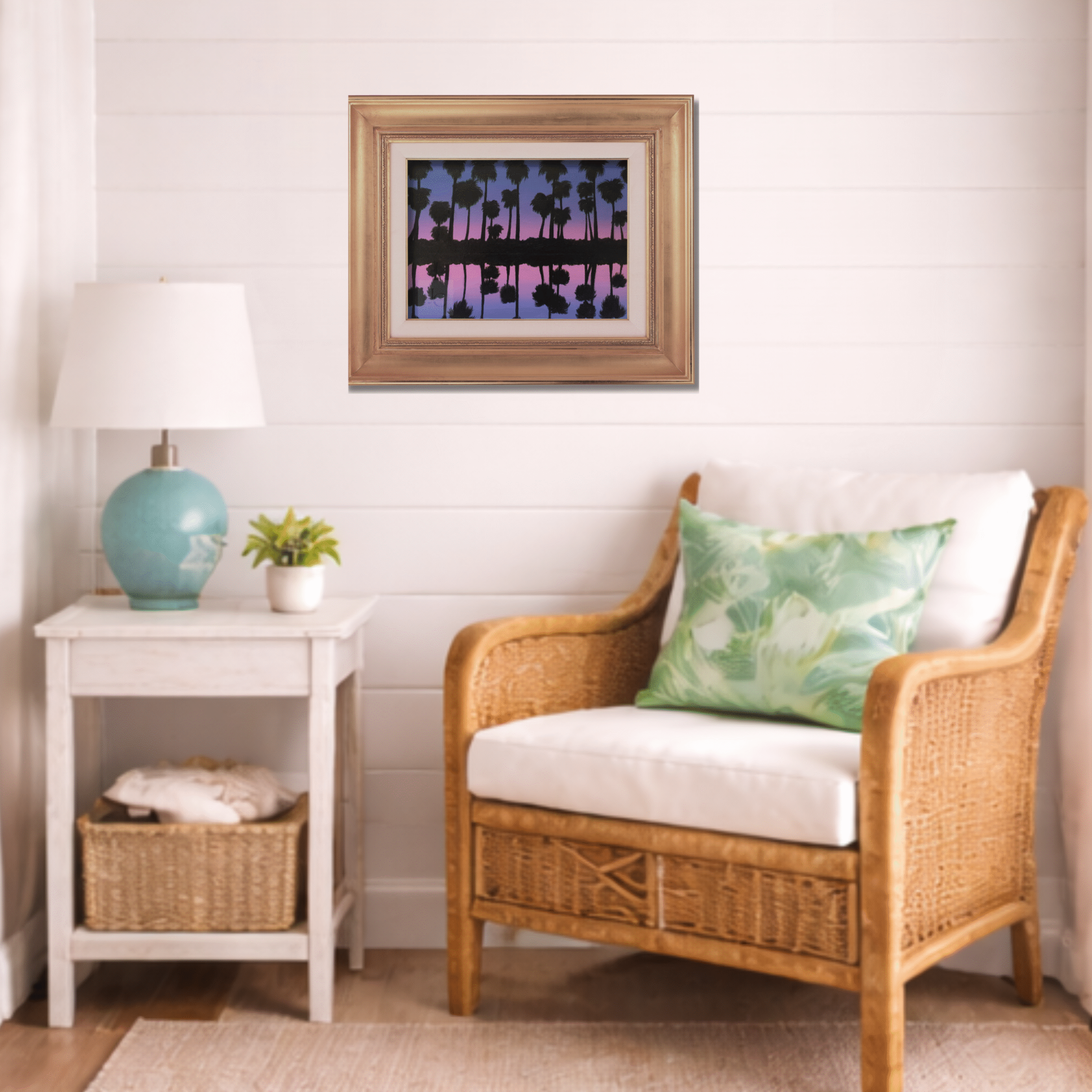 palm tree sunset painting with tropical palm silhouettes reflected in calm water under a purple and pink twilight sky