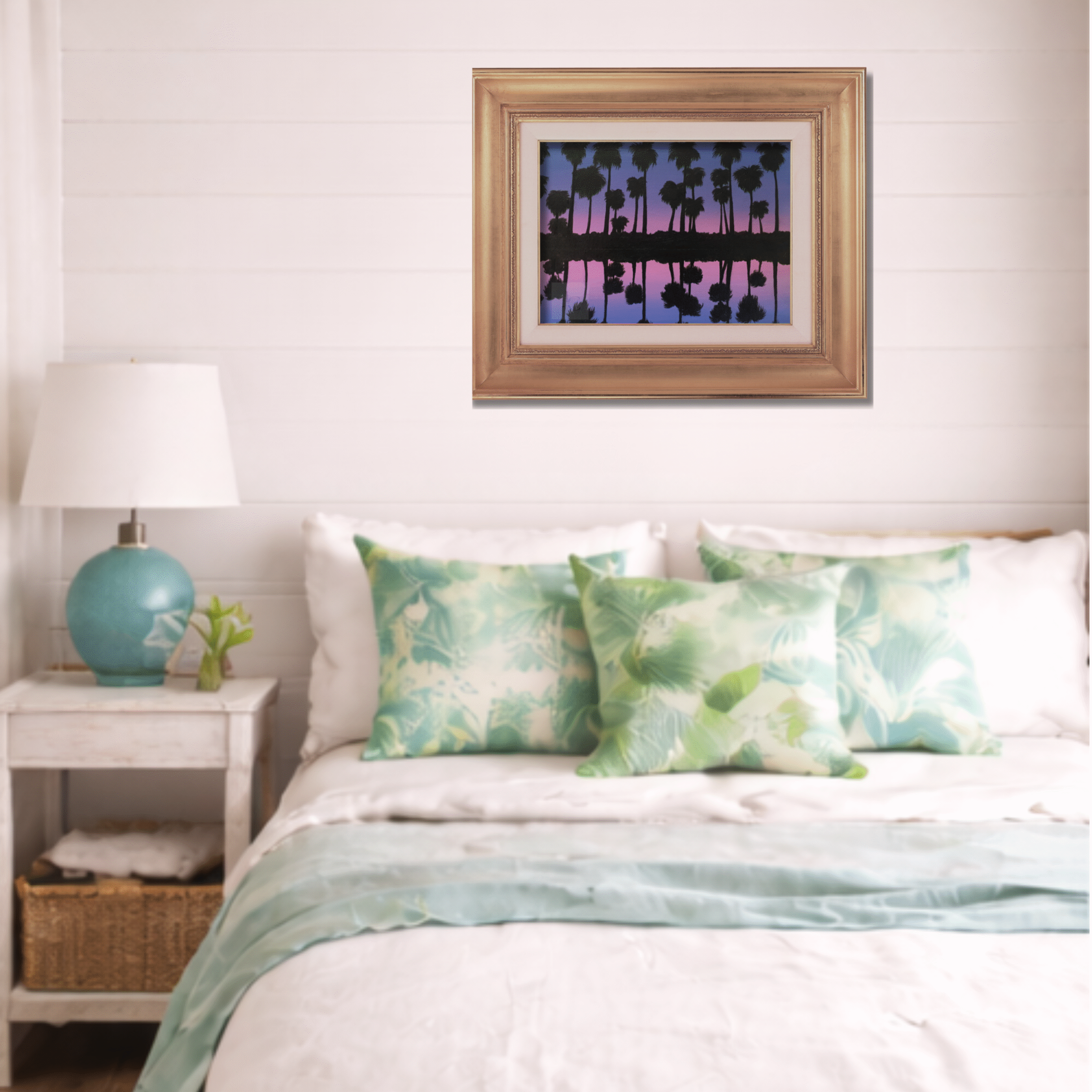 palm tree sunset painting with tropical palm silhouettes reflected in calm water under a purple and pink twilight sky