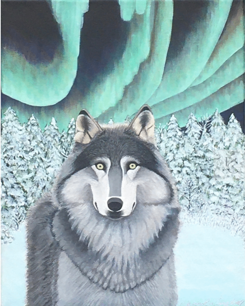 Grey wolf standing beneath the northern lights in a snowy forest in an original acrylic winter wildlife painting.