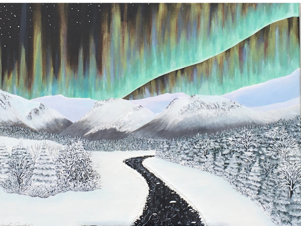 Northern lights glowing over snowy mountains and a winding winter road in an original acrylic landscape paintin