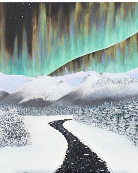 Northern lights glowing over snowy mountains and a winding winter road in an original acrylic landscape paintin