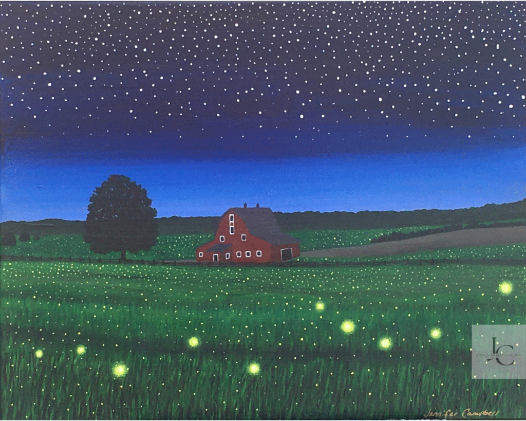 Glowing fireflies surrounding a peaceful farmhouse at sunset in an original acrylic countryside painting.