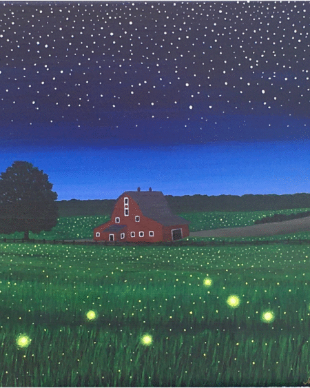 Glowing fireflies surrounding a peaceful farmhouse at sunset in an original acrylic countryside painting.