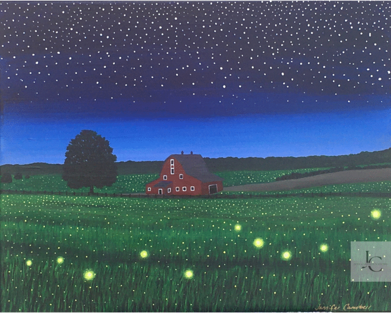 Glowing fireflies surrounding a peaceful farmhouse at sunset in an original acrylic countryside painting.