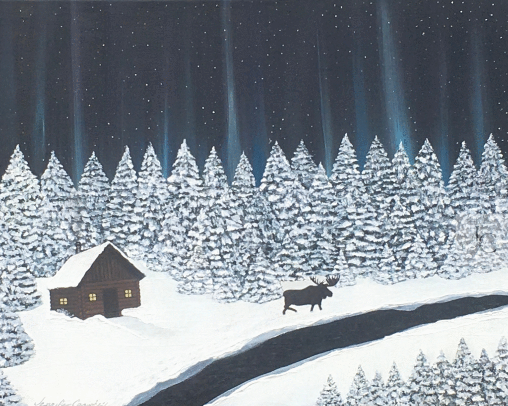 Snow-covered cabin beneath glowing northern lights in an original acrylic winter landscape painting.