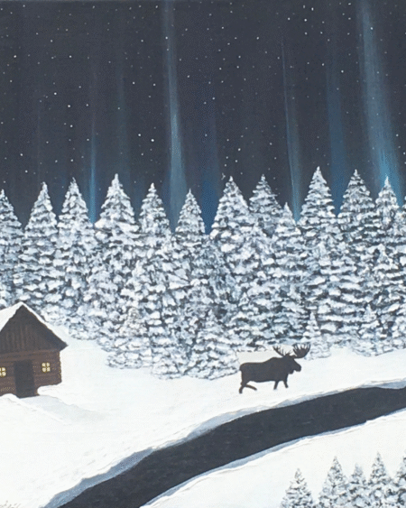 Snow-covered cabin beneath glowing northern lights in an original acrylic winter landscape painting.