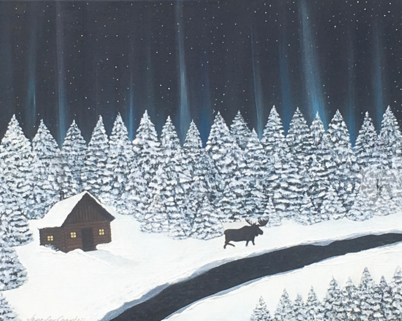 Snow-covered cabin beneath glowing northern lights in an original acrylic winter landscape painting.