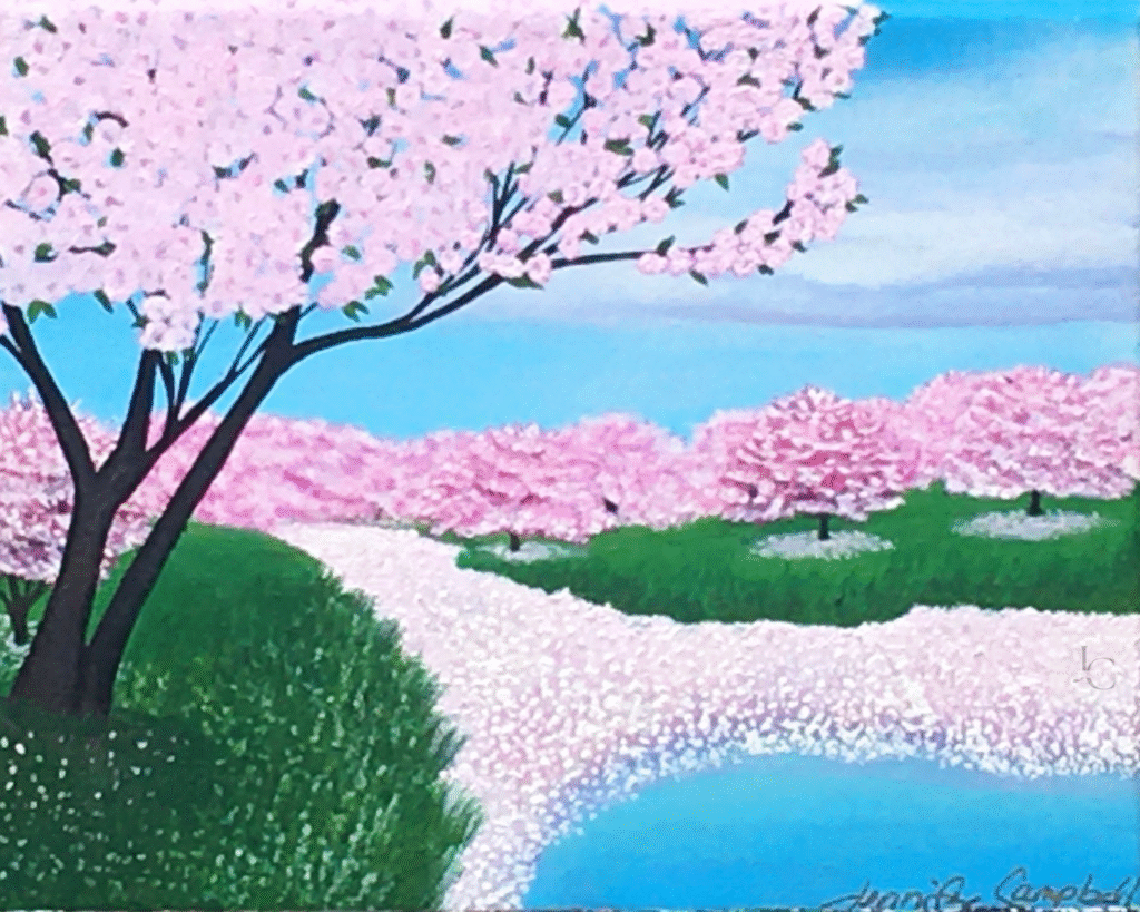 Cherry blossom trees glowing above a peaceful canal in an original acrylic spring landscape painting.