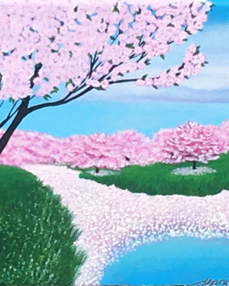 Cherry blossom trees glowing above a peaceful canal in an original acrylic spring landscape painting.