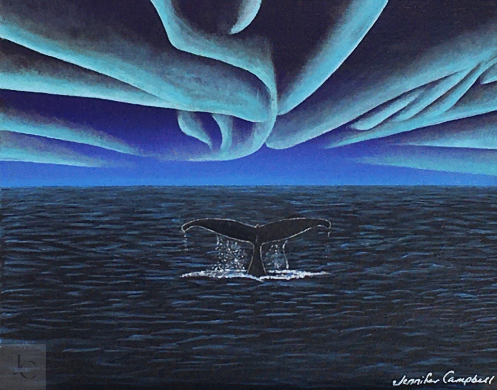 Whale tail disappearing beneath glowing northern lights over dark ocean waters in an original acrylic seascape painting.