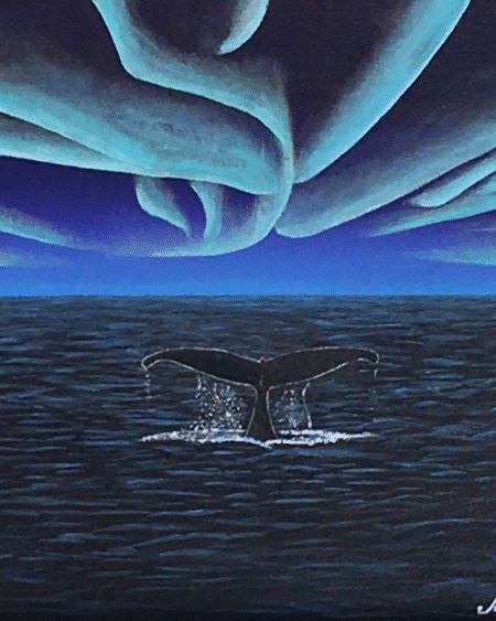 Whale tail disappearing beneath glowing northern lights over dark ocean waters in an original acrylic seascape painting.