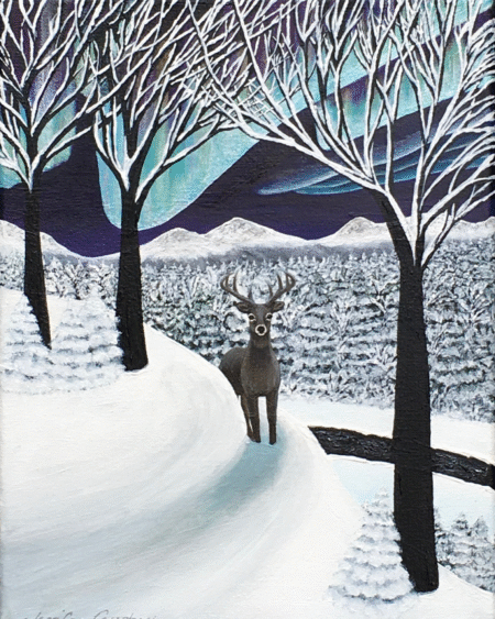 Original acrylic painting of a buck standing in a snowy forest beneath the northern lights by landscape artist Jennifer Campbell.