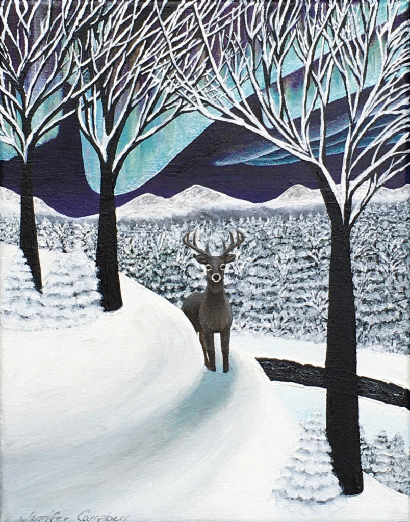 Original acrylic painting of a buck standing in a snowy forest beneath the northern lights by landscape artist Jennifer Campbell.