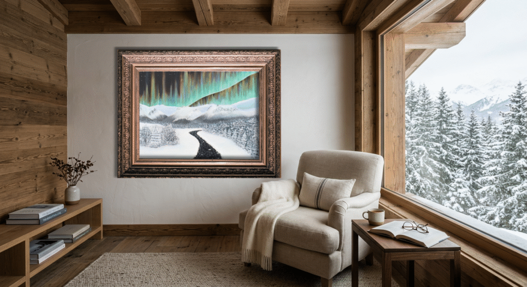 Northern lights glowing over snowy mountains and a winding winter road in an original acrylic landscape paintin