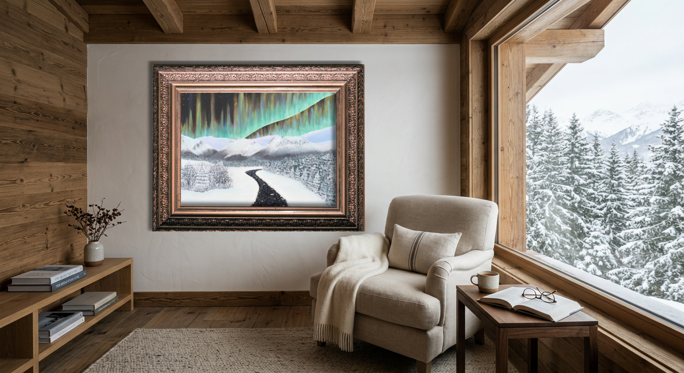 Northern lights glowing over snowy mountains and a winding winter road in an original acrylic landscape paintin