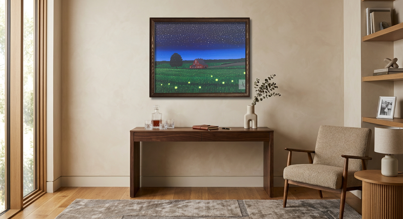 Glowing fireflies surrounding a peaceful farmhouse at sunset in an original acrylic countryside painting.