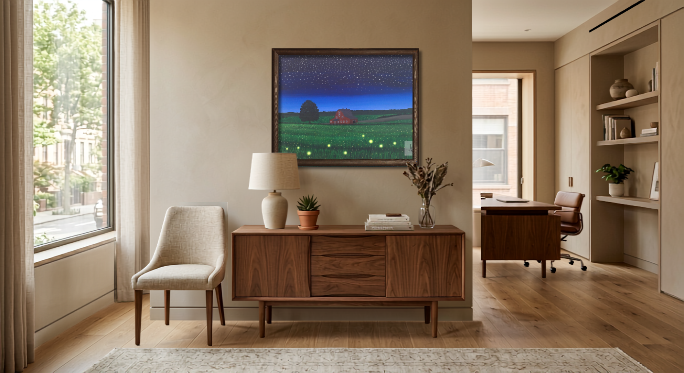 Glowing fireflies surrounding a peaceful farmhouse at sunset in an original acrylic countryside painting.