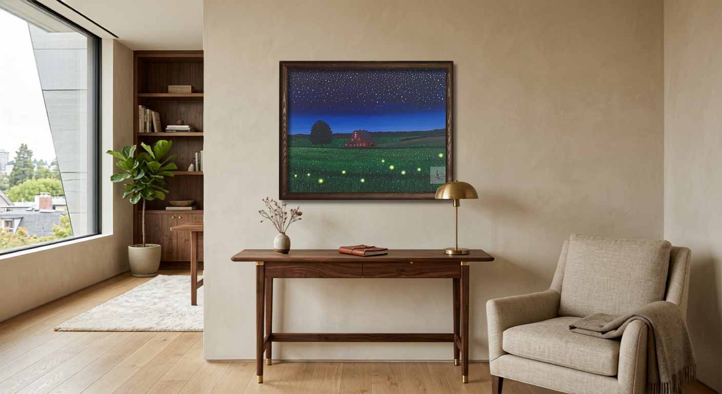 Glowing fireflies surrounding a peaceful farmhouse at sunset in an original acrylic countryside painting.