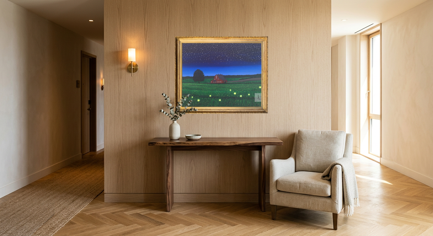 Glowing fireflies surrounding a peaceful farmhouse at sunset in an original acrylic countryside painting.