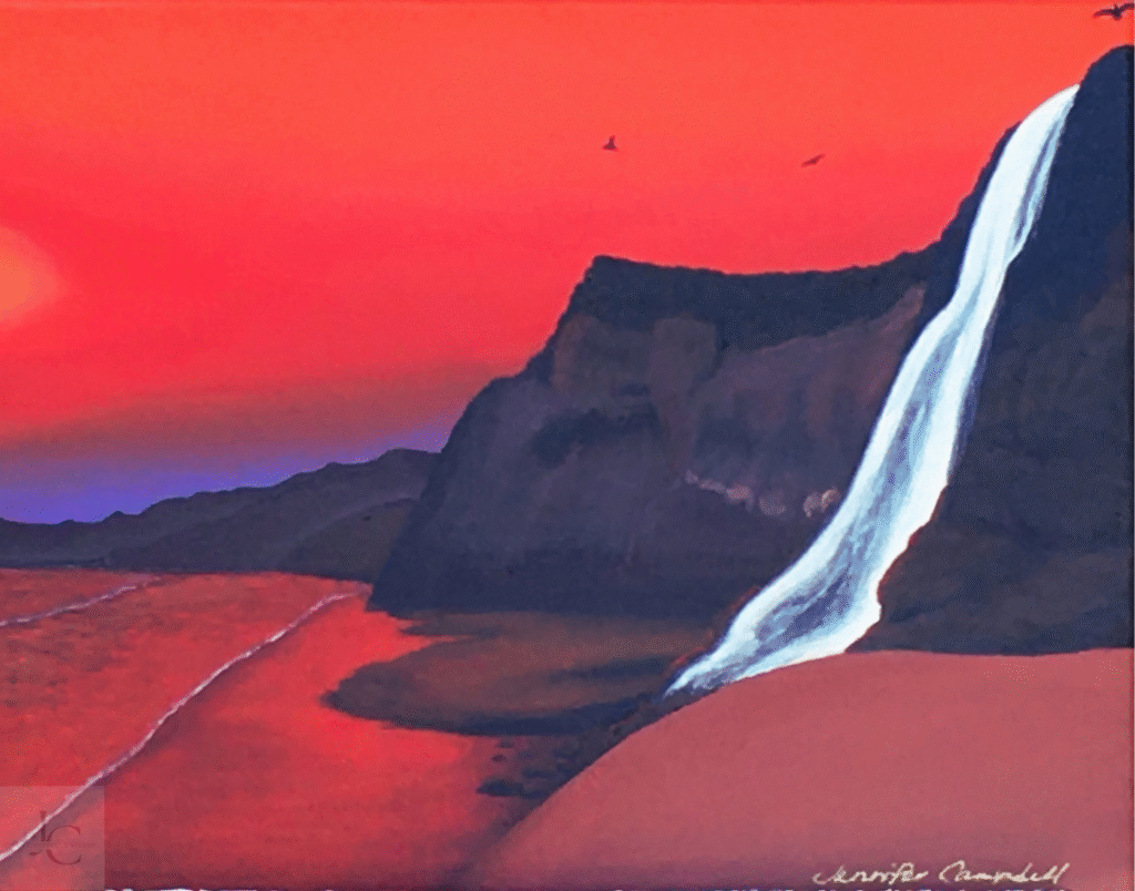 Crimson Falls original acrylic painting of a California coastal waterfall beneath a dramatic crimson sunset