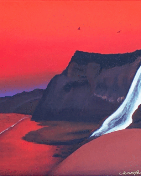 Crimson Falls original acrylic painting of a California coastal waterfall beneath a dramatic crimson sunset