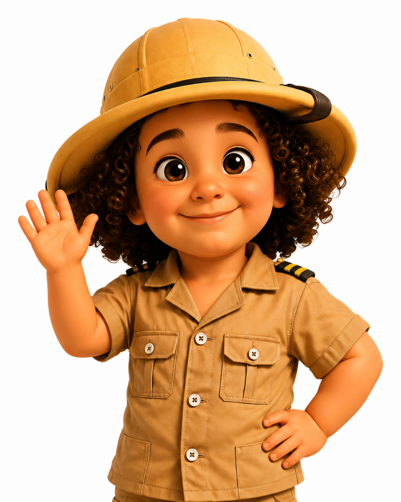 Illustration of Nathias in a safari outfit meeting visitors in the Kids' Corner