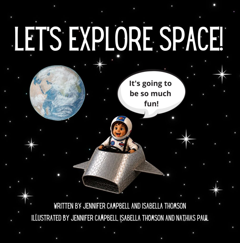 Let's Explore Space children's book cover featuring Nathias exploring the solar system