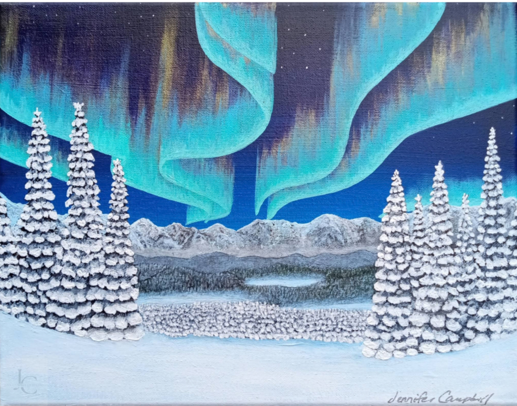 Winter’s Glow acrylic painting by Jennifer Campbell, showing northern lights above snowy evergreens and distant mountains