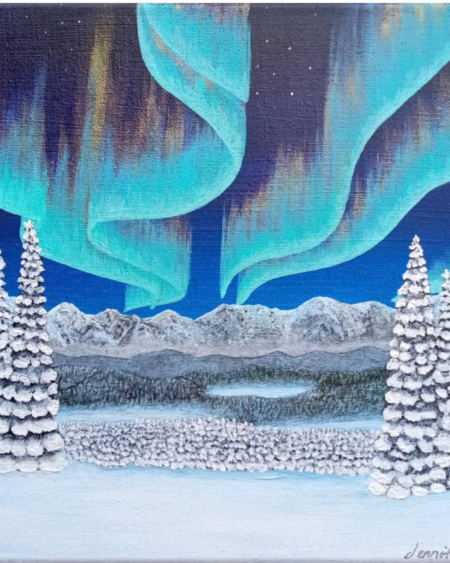 Winter’s Glow acrylic painting by Jennifer Campbell, showing northern lights above snowy evergreens and distant mountains